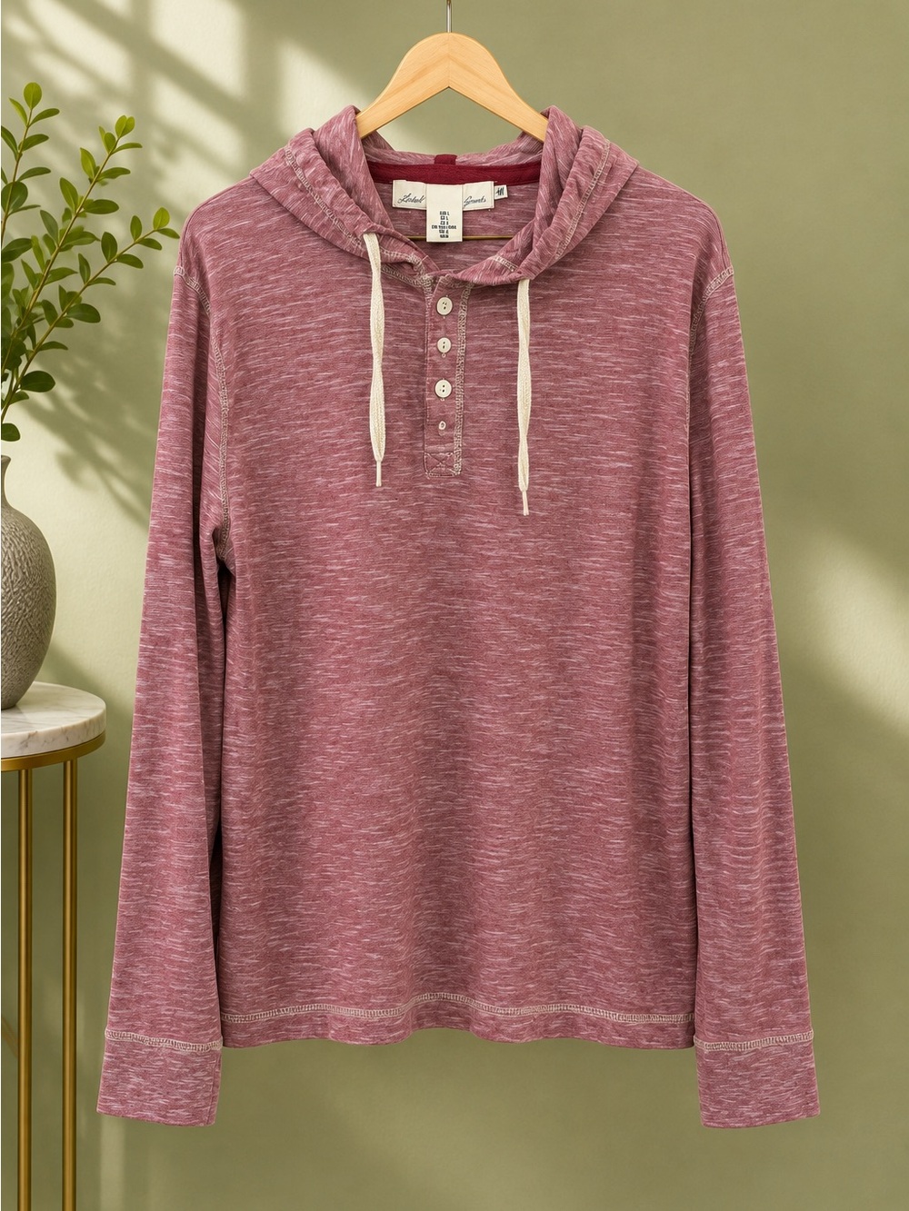H&M L.O.G.G. Men’s L Burgundy Marled Cotton Henley Hoodie Pullover